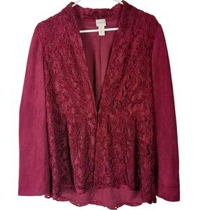 Chicos Feminine Sueded Jacket with Lace Detail Single Closure Burgundy Small
